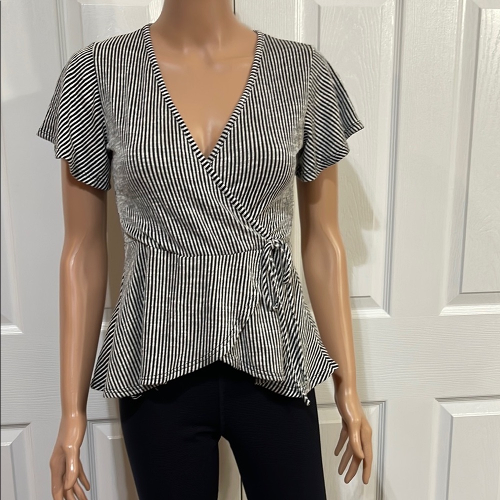 Caution To The Wind Black and White Flutter Sleeve Wrap Blouse